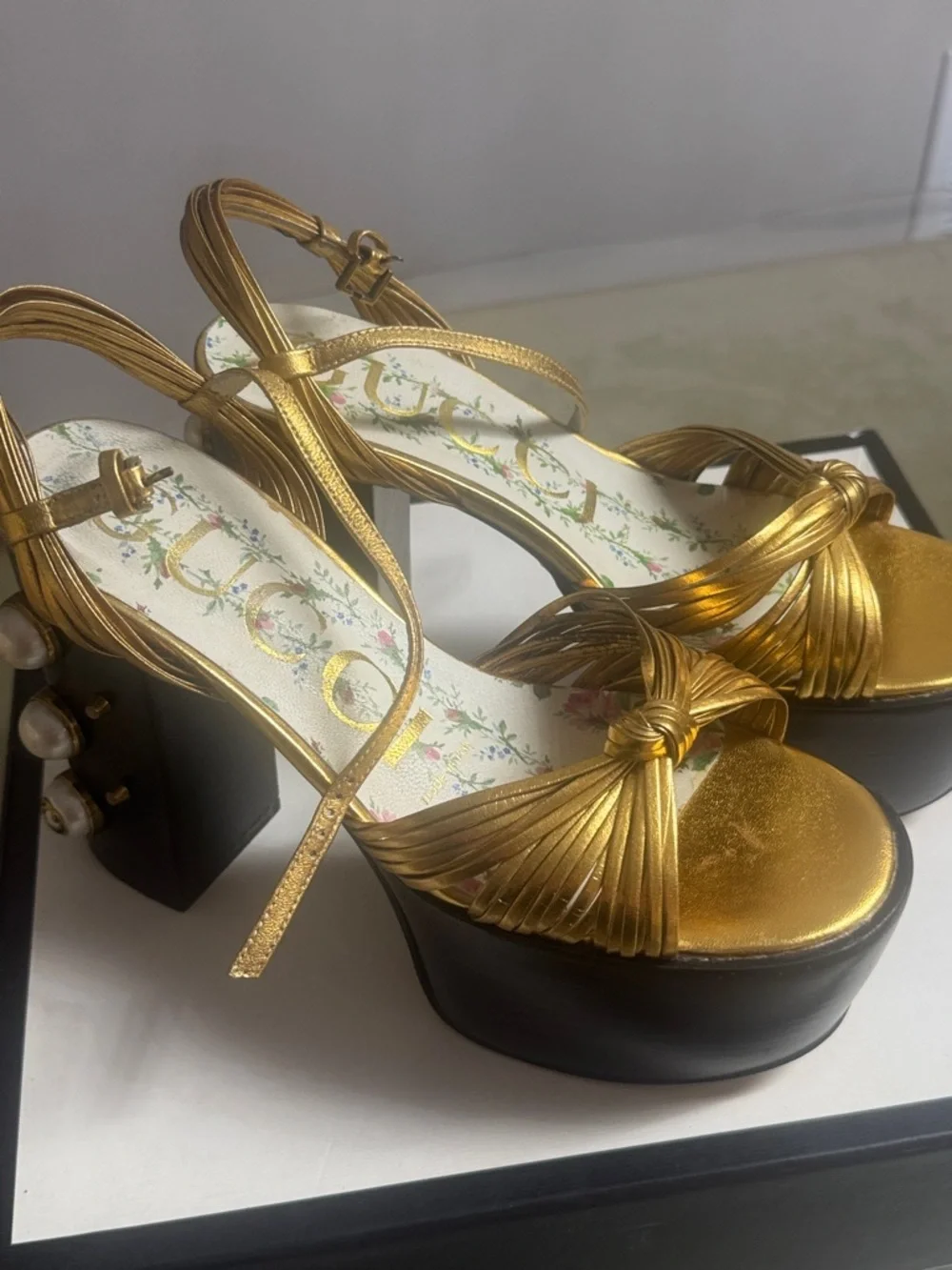 Gucci Gold Metallic Pearl-Embellished Platform Sandals - Picture 8 of 8